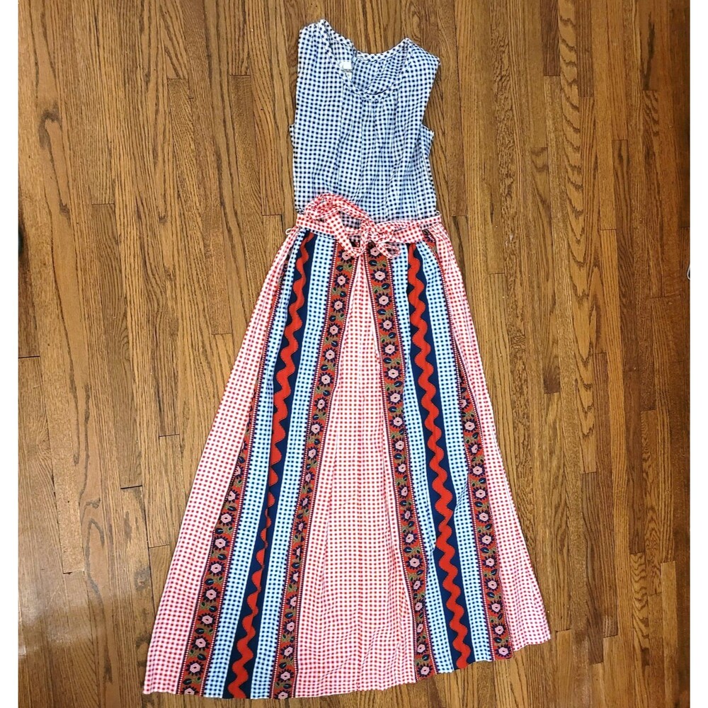 VTG 70s Red White Blue Bicentennial Maxi Dress Gingham floral Boho Hostess S M - Picture 10 of 10